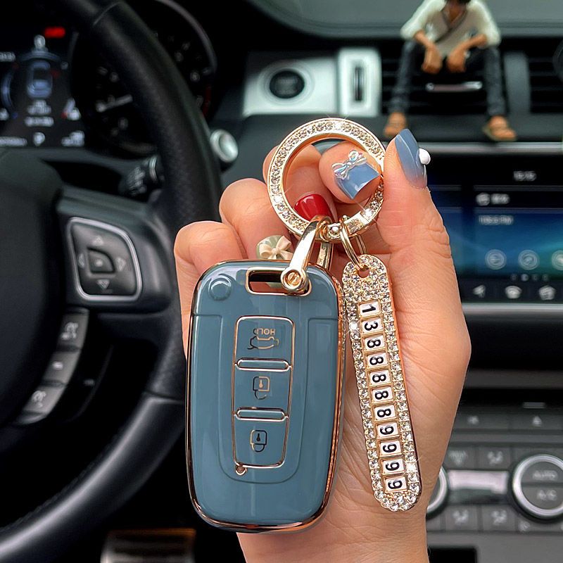 Carsine Kia Car Key Case Golden Edge A / Grey / Key case + O chain