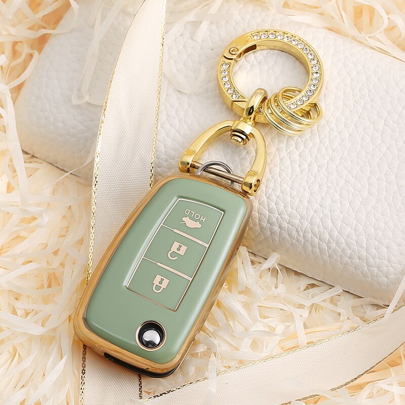 Carsine Nissan Car Key Case Golden Edge 3 Buttons / Green / Key case + O chain