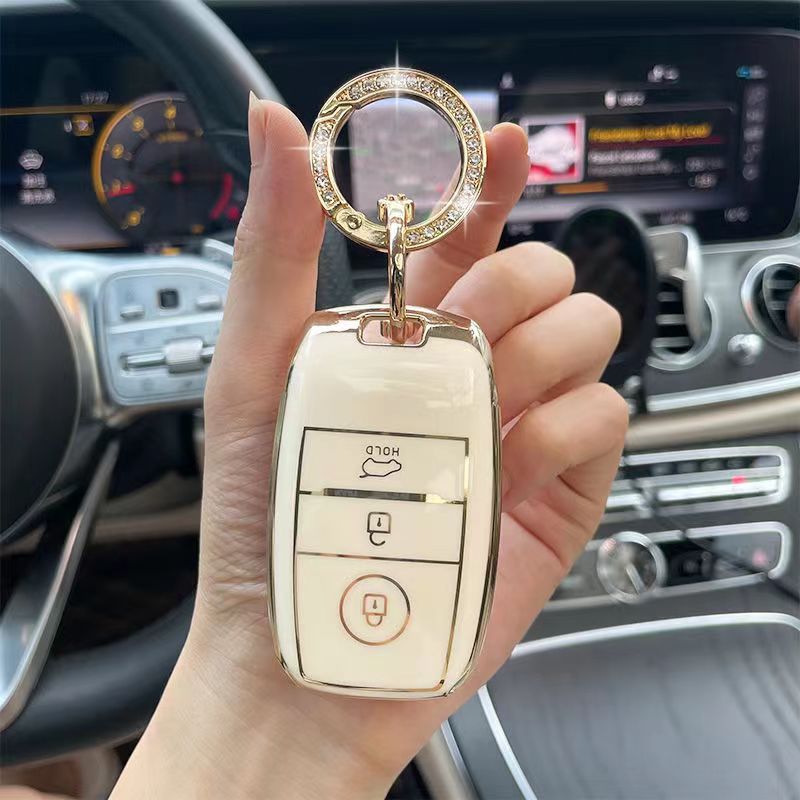 Carsine Kia Car Key Case Golden Edge White / Key case + O chain