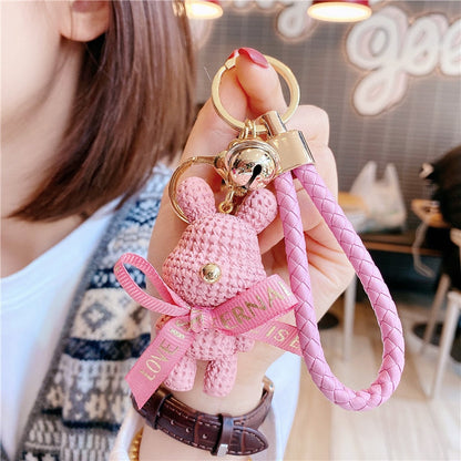 Carsine Braided Bear Keychain Pendant Pink rabbit