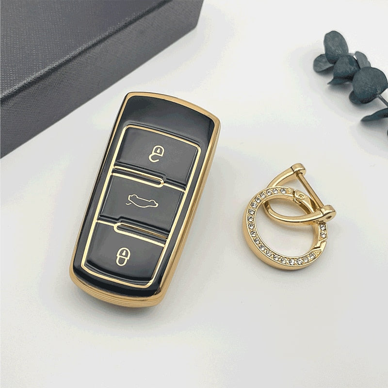 Carsine Volkswagen Car Key Case Golden Edge Black / Key case + O chain