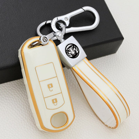 Carsine Mazda Car Key Case Golden Edge White / Key case + strap