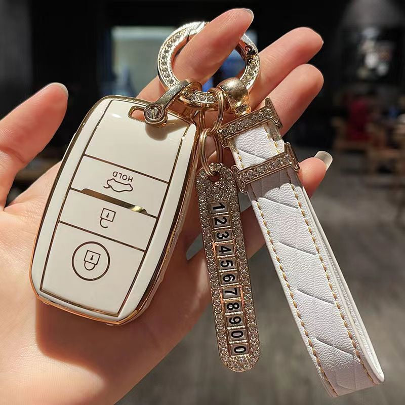 Carsine Kia Car Key Case Golden Edge White / Key case + T chain