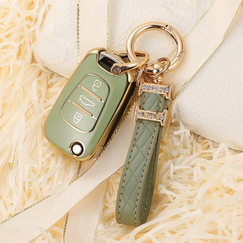 Carsine Kia Car Key Cover Silver Edge Gold / Green / Key case + strap