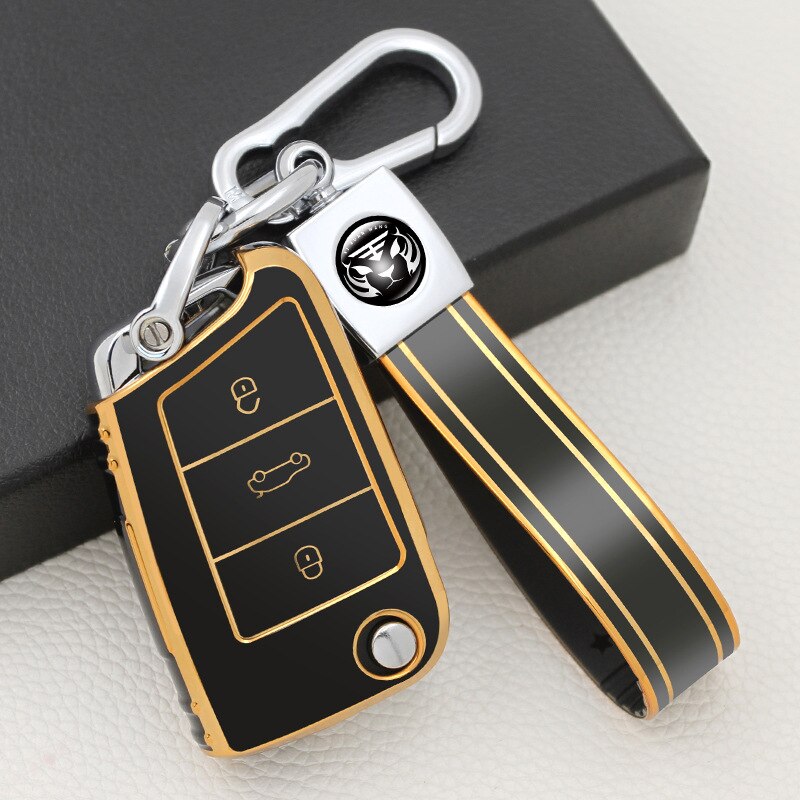 Carsine Volkswagen Car Key Case Golden Edge Black / Key case + strap