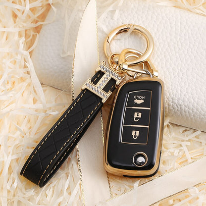 Carsine Nissan Car Key Case Golden Edge 3 Buttons / Black / Key case + strap