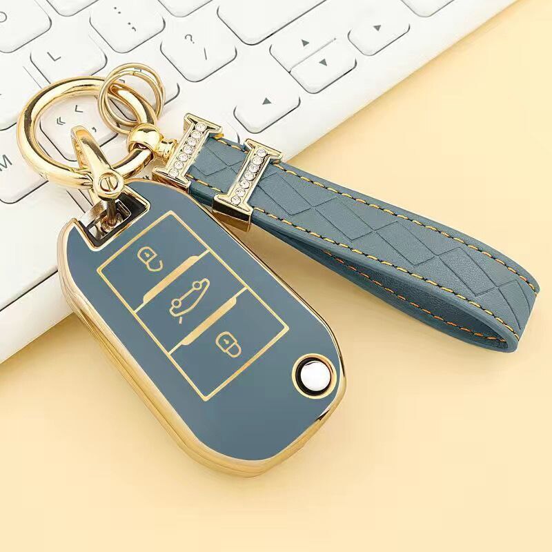Carsine Citroen Peugeot Car Key Case Golden Edge Grey / Key case + strap