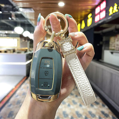 Carsine Hyundai Car Key Case Golden Edge Grey / Key case + strap