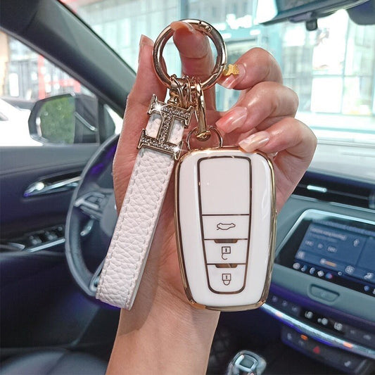 Carsine Toyota Car Key Case Golden Edge 3 Buttons / White / Key case + strap