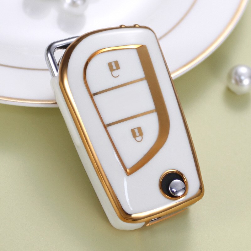 Carsine Toyota Car Key Case Golden Edge 2 Buttons / White / Key case