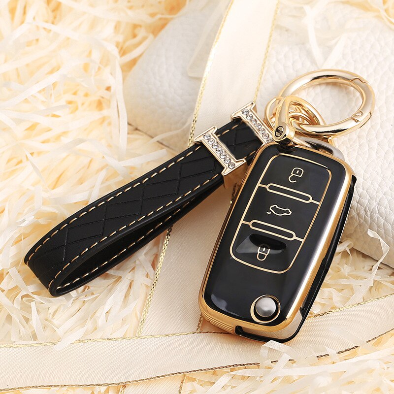 Carsine Volkswagen Car Key Case Rhinestones Keychain Black / Key case + strap