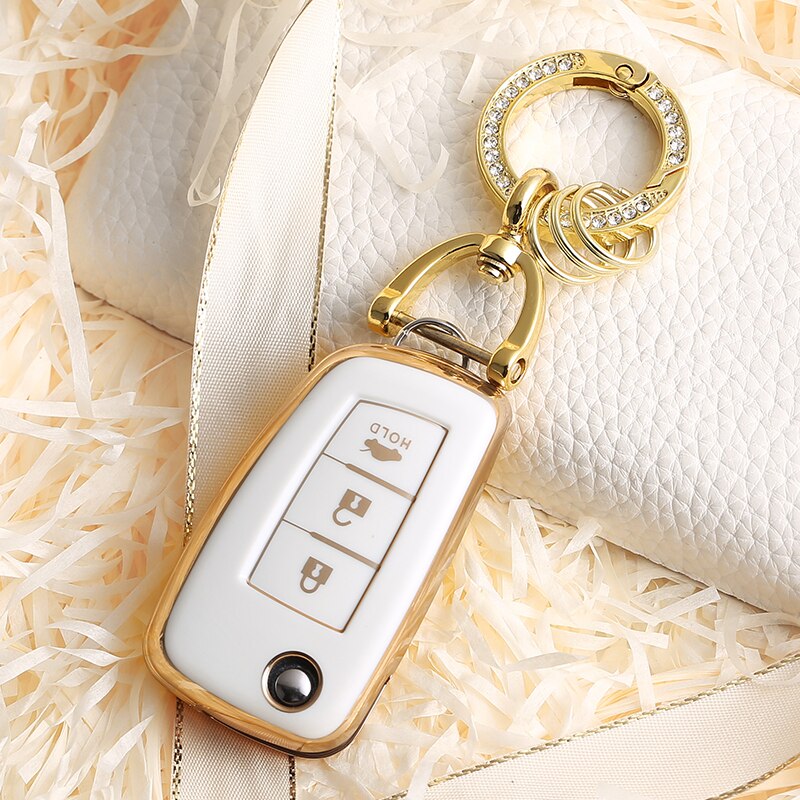Carsine Nissan Car Key Case Golden Edge 3 Buttons / White / Key case + O chain
