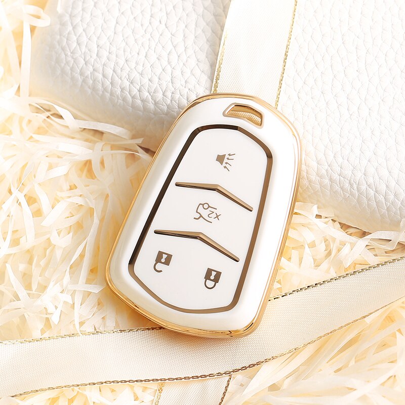 Carsine Cadillac Car Key Case Golden Edge 4 Buttons / White / Key case