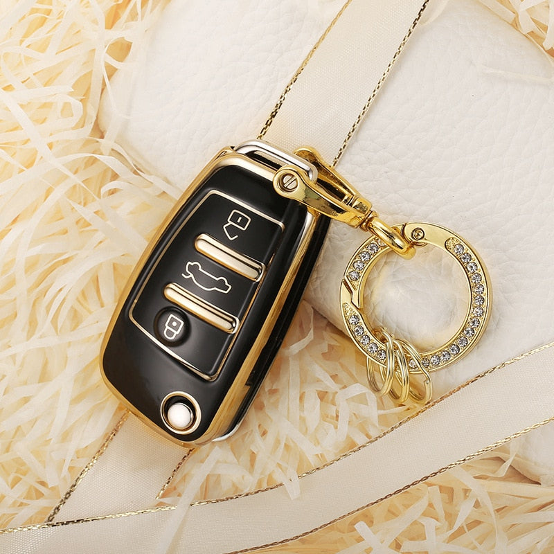 Carsine Audi Car Key Case Golden Edge Black / Key case + O chain