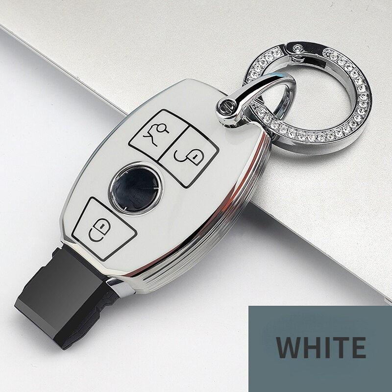 Carsine Mercedes Benz Car Key Cover Silver Edge B / White / Key case + O chain