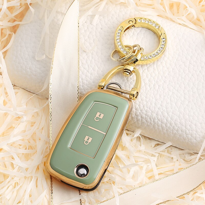 Carsine Nissan Car Key Case Golden Edge 2 Buttons / Green / Key case + O chain