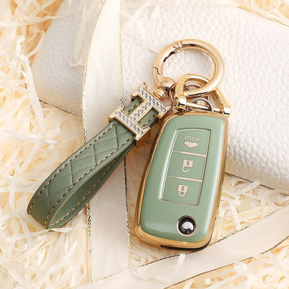Carsine Nissan Car Key Case Golden Edge 3 Buttons / Green / Key case + strap