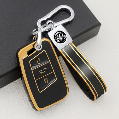 Carsine Volkswagen Car Key Case Golden Edge Black / Key case + strap