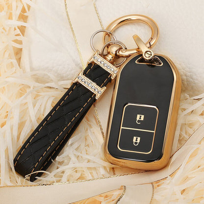 Carsine Honda Acura Car Key Case Golden Edge 2 Buttons / Black / Key case + strap