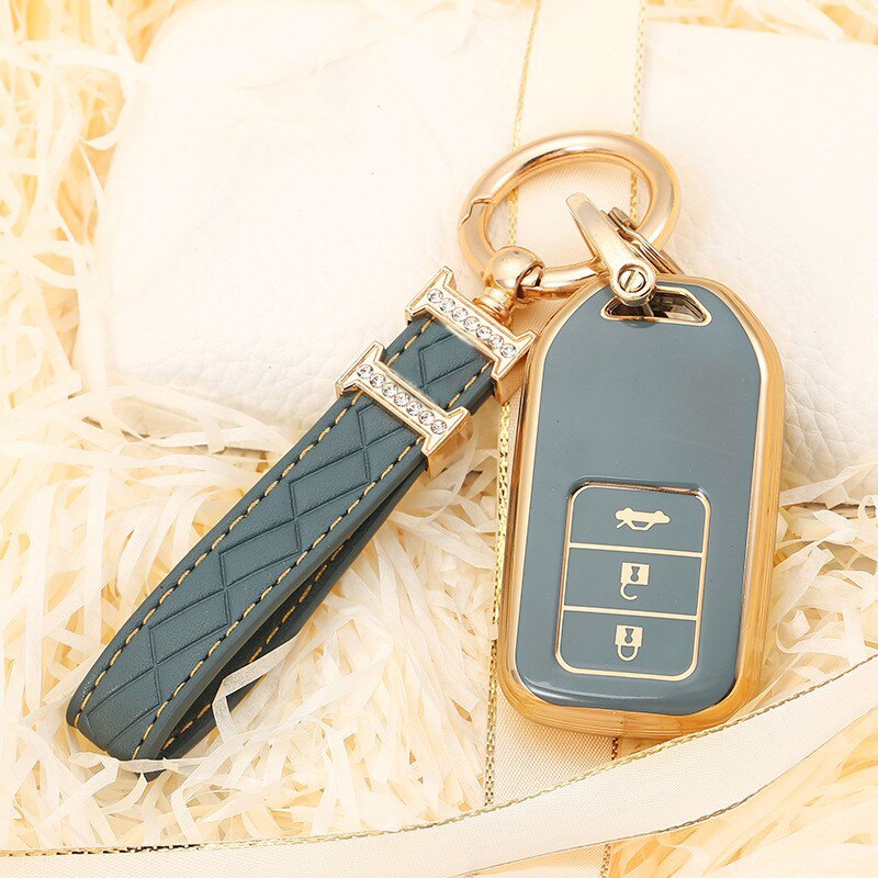 Carsine Honda Acura Car Key Case Golden Edge 3 Buttons / Grey / Key case + strap