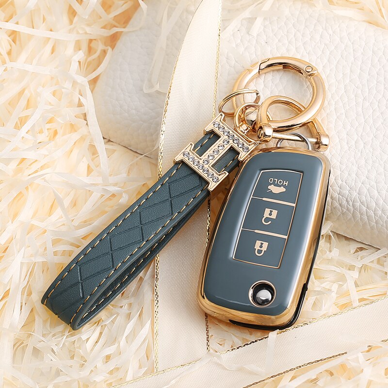 Carsine Nissan Car Key Case Golden Edge 3 Buttons / Grey / Key case + strap