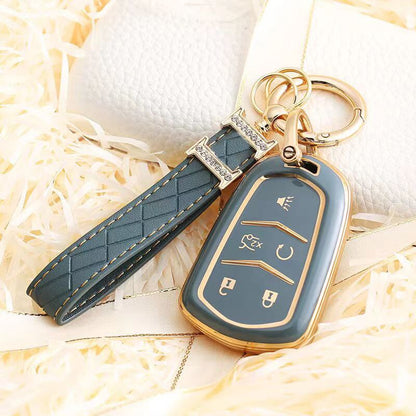 Carsine Cadillac Car Key Case Golden Edge 5 Buttons / Grey / Key case + strap