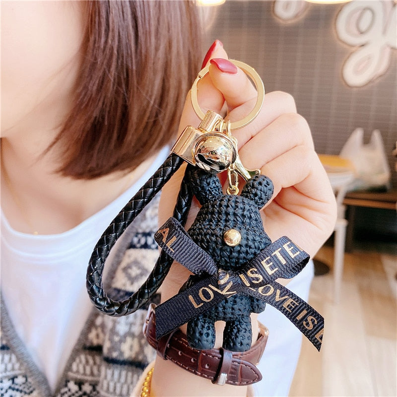 Carsine Braided Bear Keychain Pendant Black rabbit