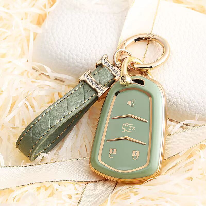 Carsine Cadillac Car Key Case Golden Edge 4 Buttons / Green / Key case + strap
