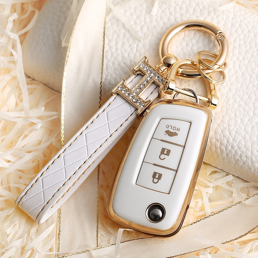 Carsine Nissan Car Key Case Golden Edge 3 Buttons / White / Key case + strap