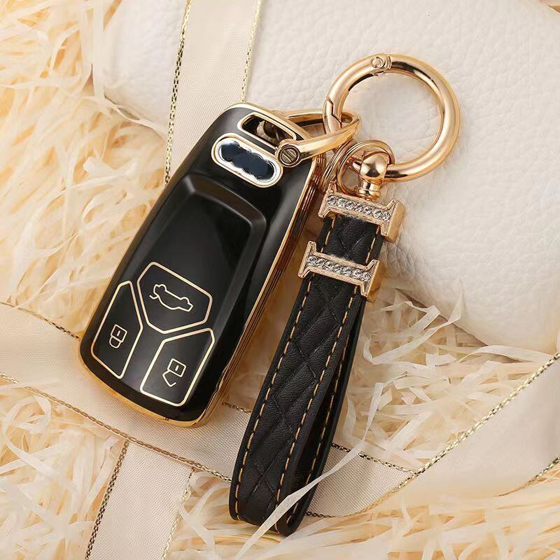 Carsine Audi Car Key Case Golden Edge Black / Key case + strap