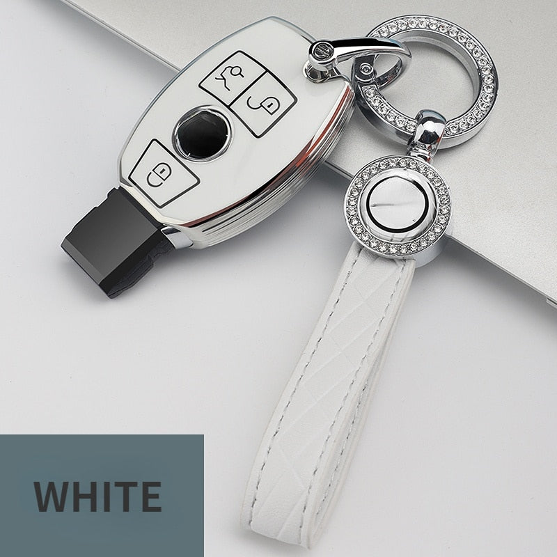 Carsine Mercedes Benz Car Key Cover Silver Edge B / White / Key case + strap