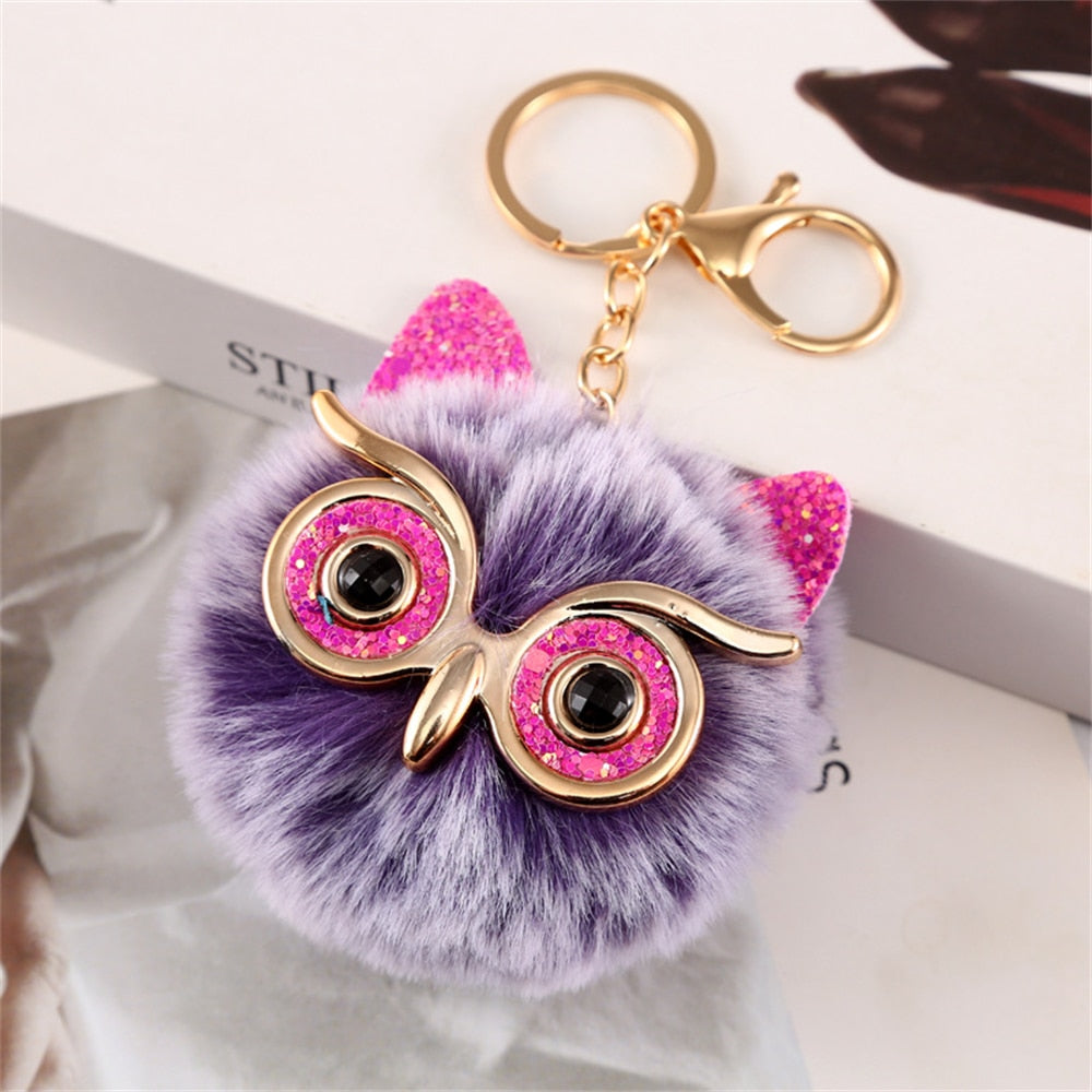 Carsine Kawaii Owl Cat Faux Fur Pom Pom Keychain Light purple