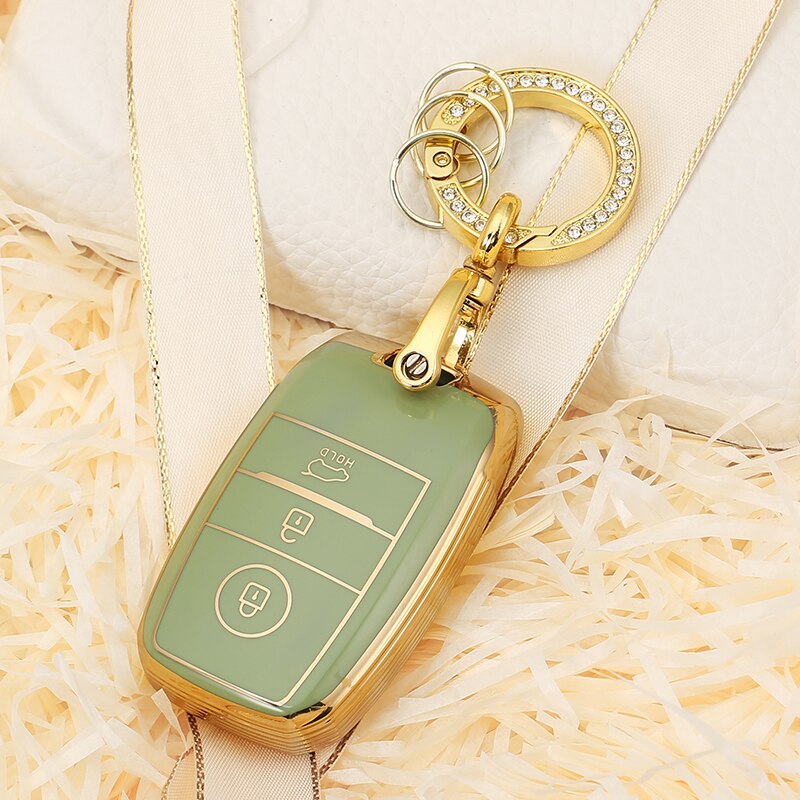 Carsine Kia Car Key Case Golden Edge Gold / Green / Key case + O chain