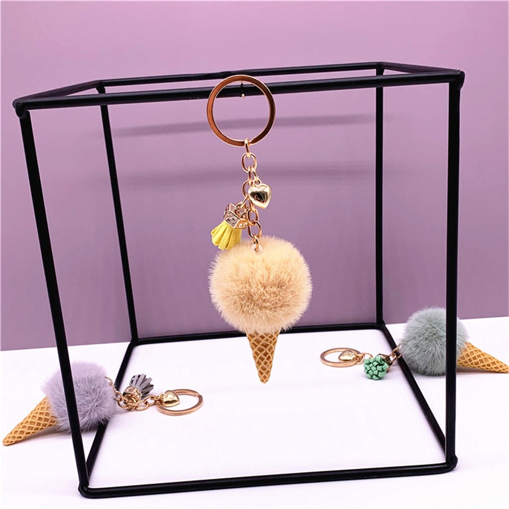 Carsine Ice Cream Plush Ball Keychain Beige