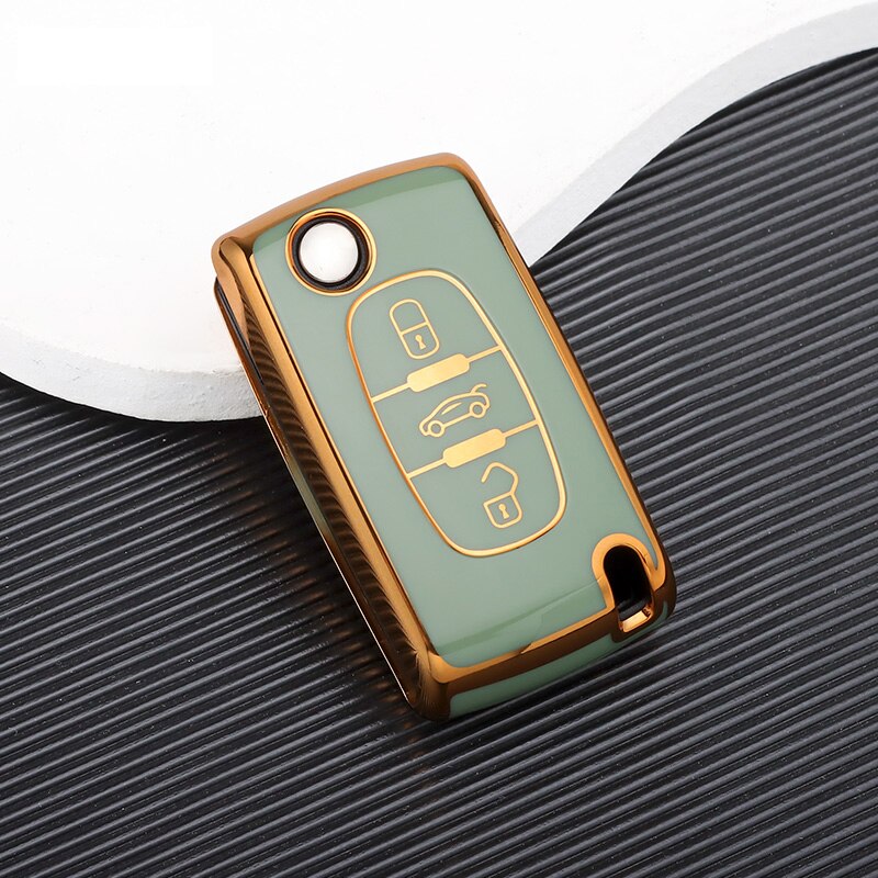 Carsine Citroen Peugeot Car Key Case Golden Edge 3 Buttons / Green