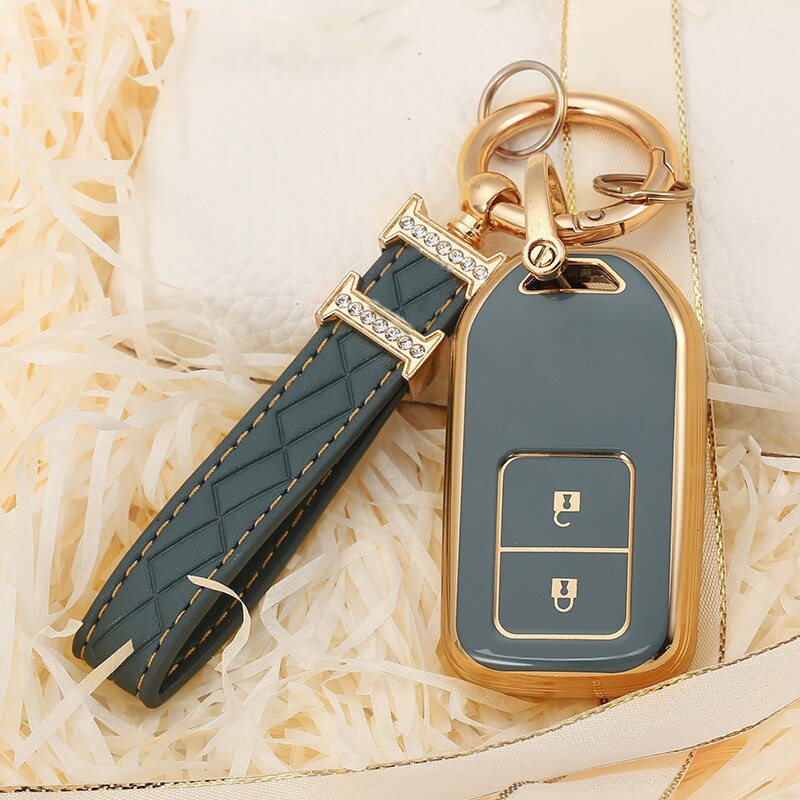 Carsine Honda Acura Car Key Case Golden Edge 2 Buttons / Grey / Key case + strap