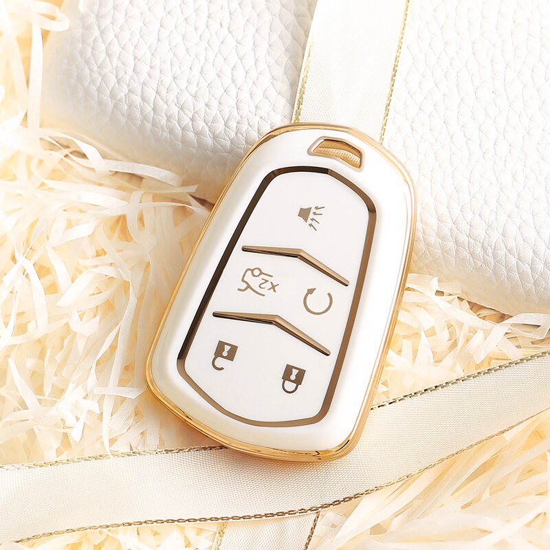 Carsine Cadillac Car Key Case Golden Edge 5 Buttons / White / Key case