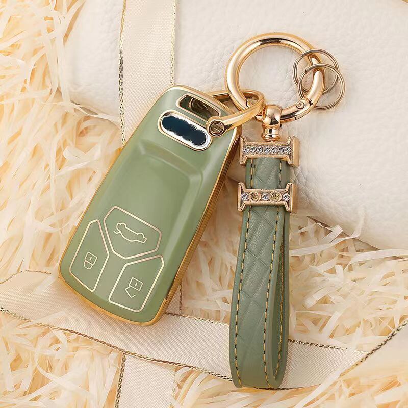 Carsine Audi Car Key Case Golden Edge Green / Key case + strap