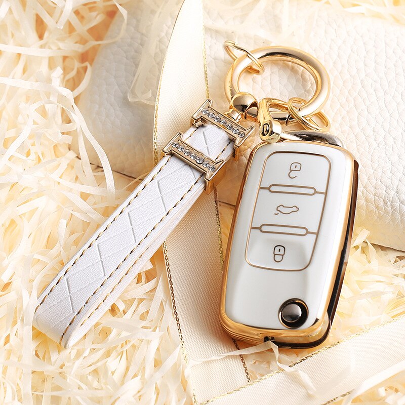 Carsine Volkswagen Car Key Case Rhinestones Keychain White / Key case + strap