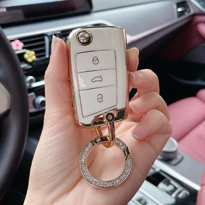 Carsine Volkswagen Car Key Case Golden Edge B / White / Key case + O chain