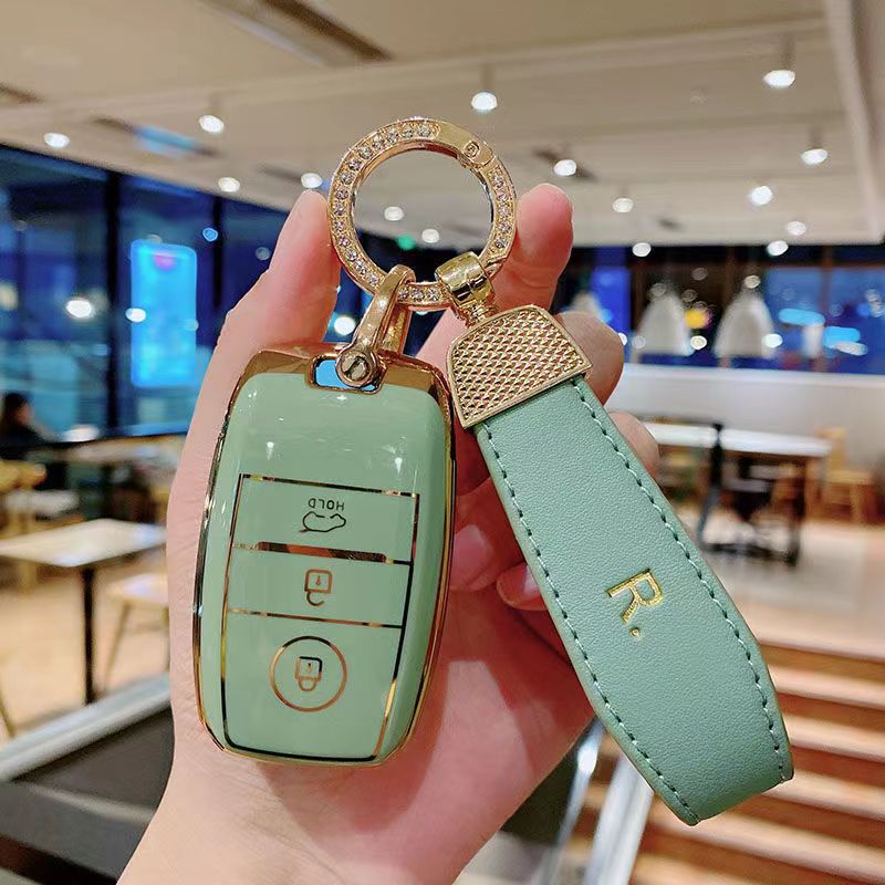 Carsine Kia Car Key Case Golden Edge Green / Key case + R chain