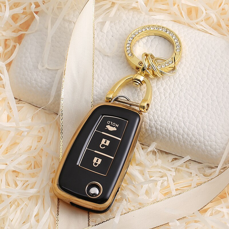 Carsine Nissan Car Key Case Golden Edge 3 Buttons / Black / Key case + O chain