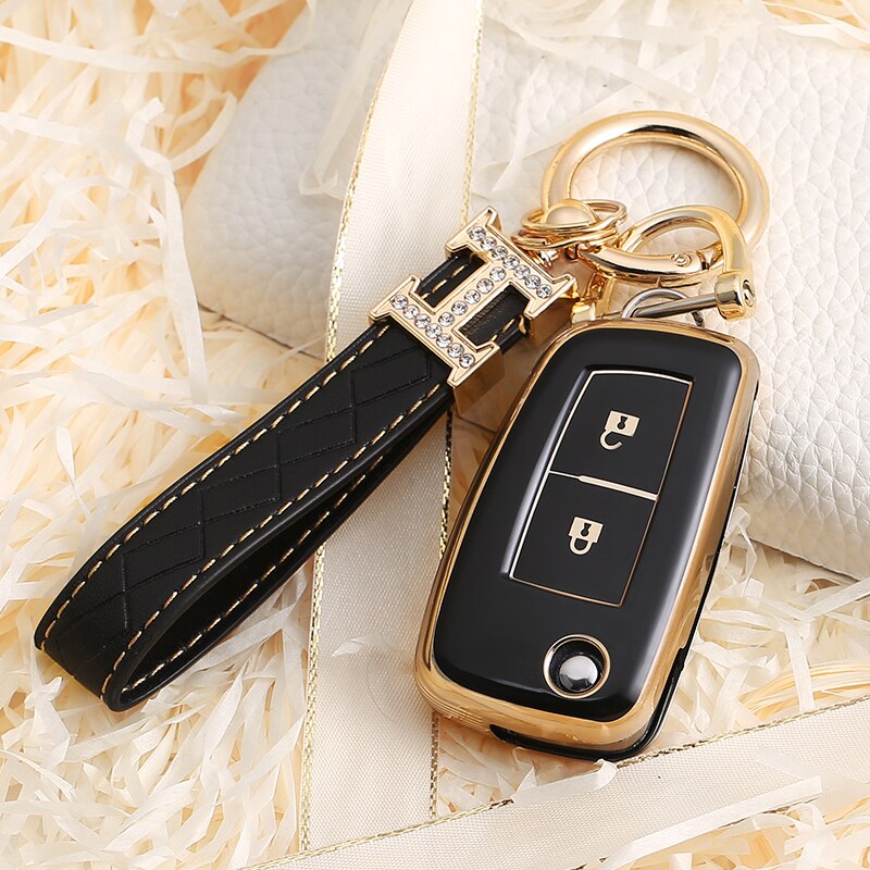Carsine Nissan Car Key Case Golden Edge 2 Buttons / Black / Key case + strap
