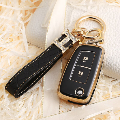 Carsine Nissan Car Key Case Golden Edge 2 Buttons / Black / Key case + strap