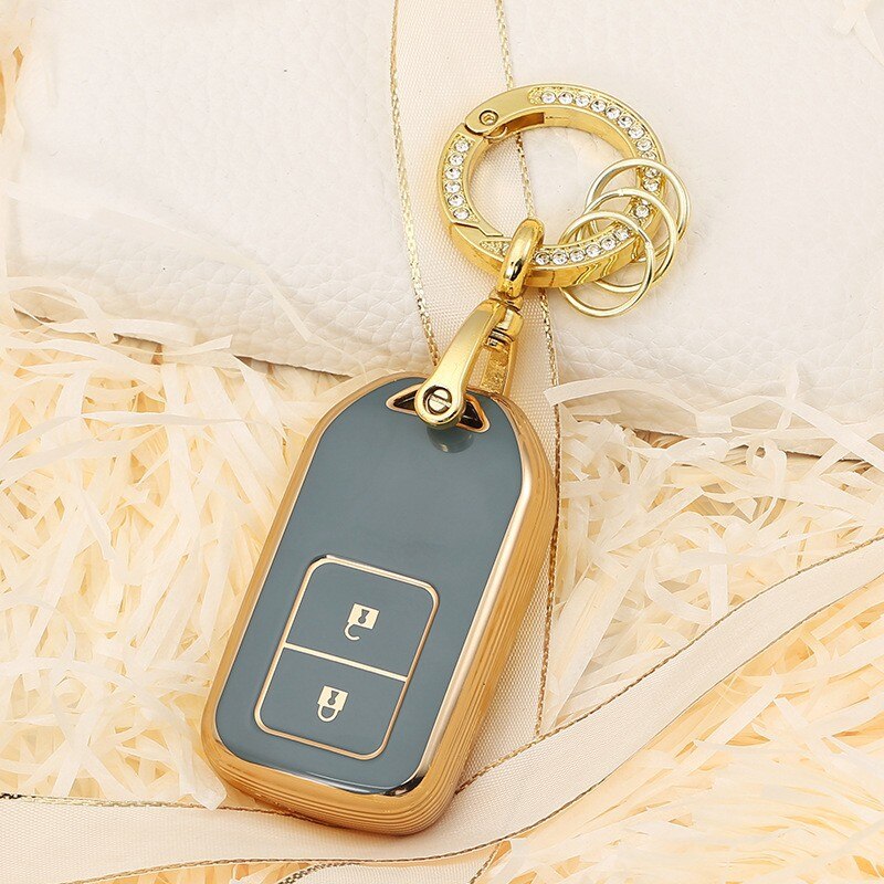 Carsine Honda Acura Car Key Case Golden Edge 2 Buttons / Grey / Key case + O chain