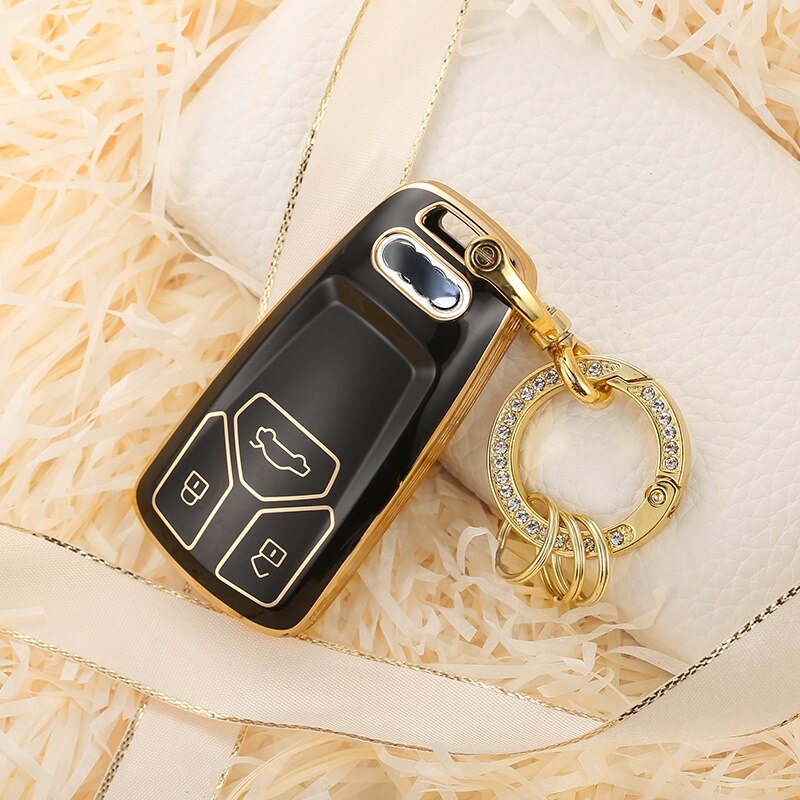 Carsine Audi Car Key Case Golden Edge Black / Key case + O chain