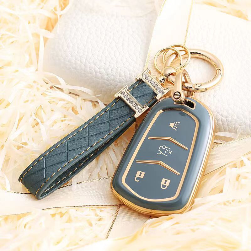 Carsine Cadillac Car Key Case Golden Edge 4 Buttons / Grey / Key case + strap