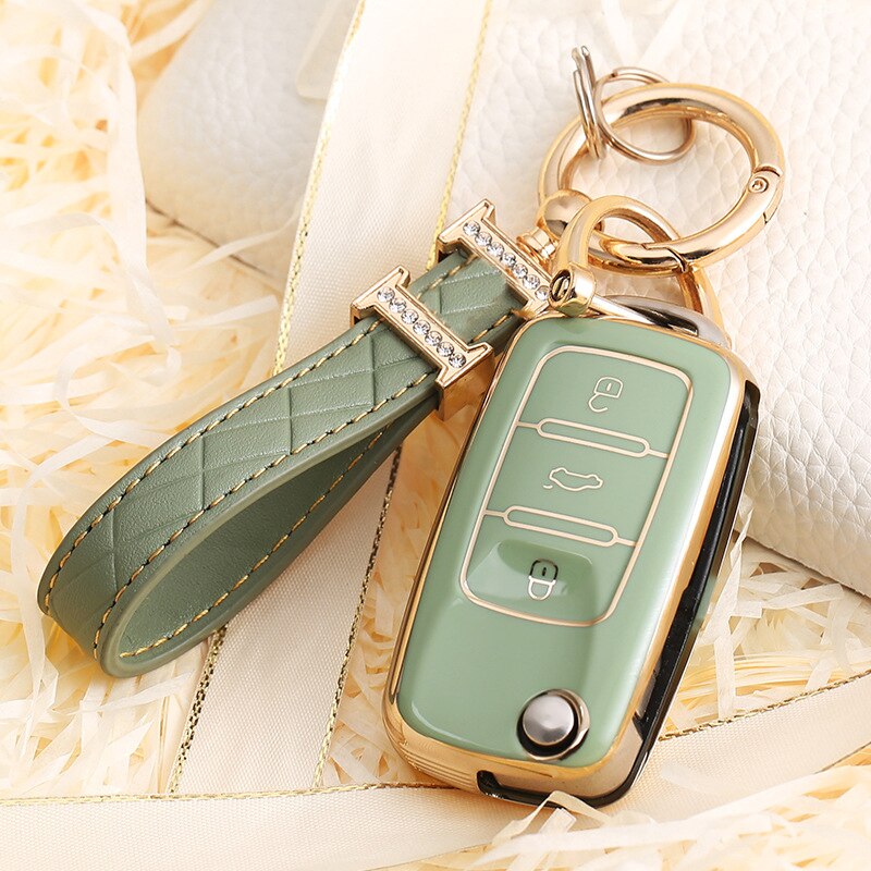 Carsine Volkswagen Car Key Case Rhinestones Keychain Green / Key case + strap