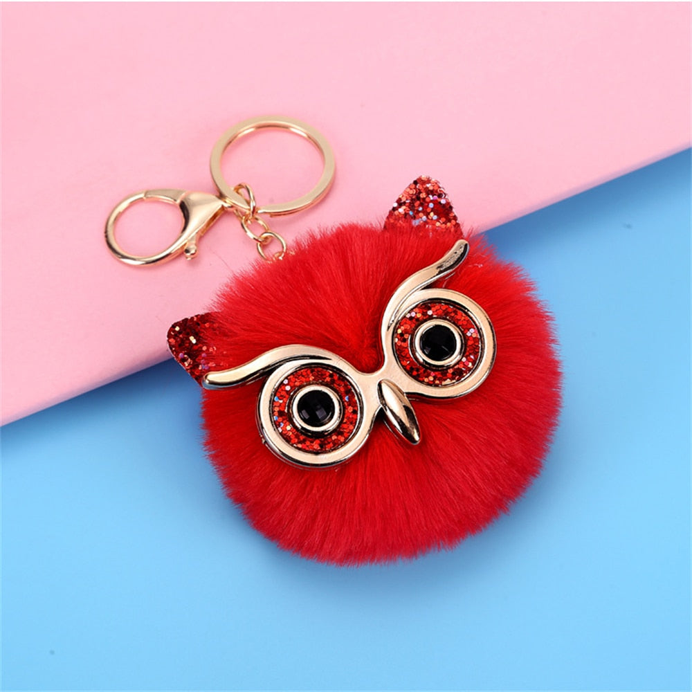 Carsine Kawaii Owl Cat Faux Fur Pom Pom Keychain Red