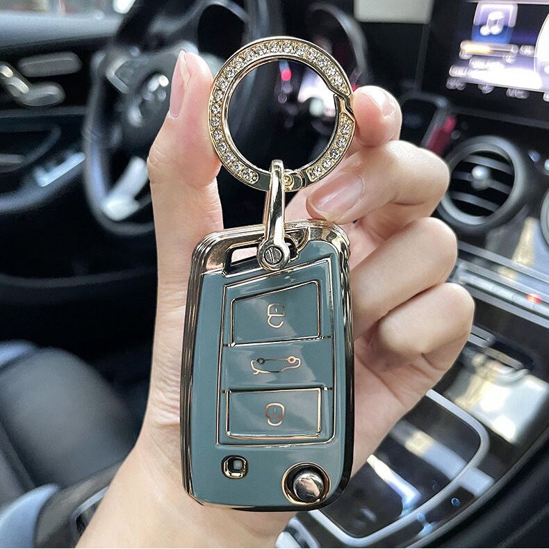 Carsine Volkswagen Car Key Case Golden Edge Grey / Key case + O chain